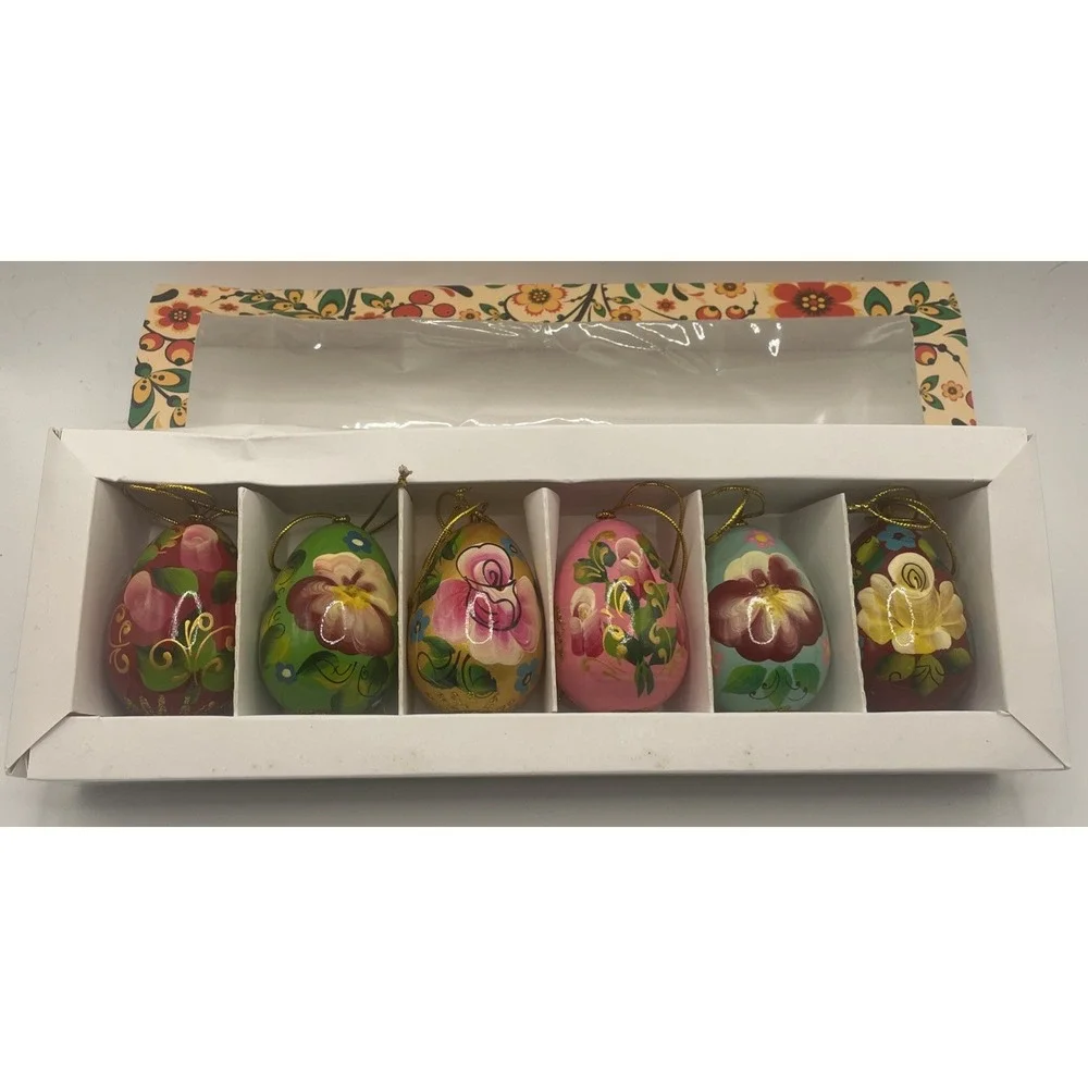 Russia Lavrovo Folk Art Hand-Painted Wooden Easter Egg Ornaments Set of 6